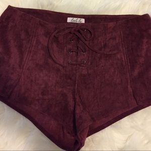 SOLD-Maroon suede tie-up shorts
